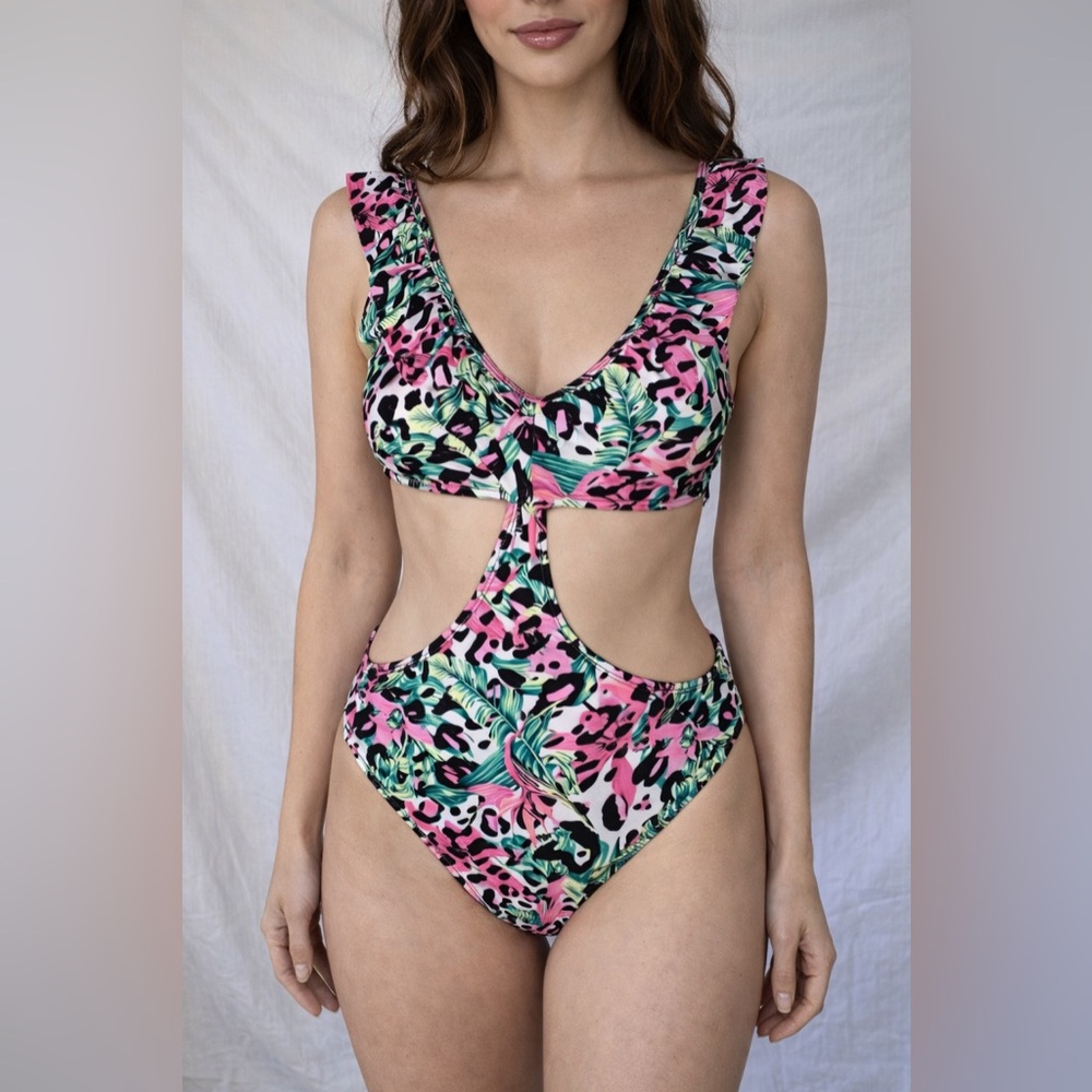 LA LA Swim Cheetah Animal Floral Tie Open Sides One Piece Bikini Swimsuit Large